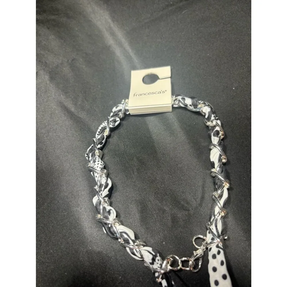 New Twilly Bag Charm Chain Scarf Necklace with Black & White Polka Dot Ties
